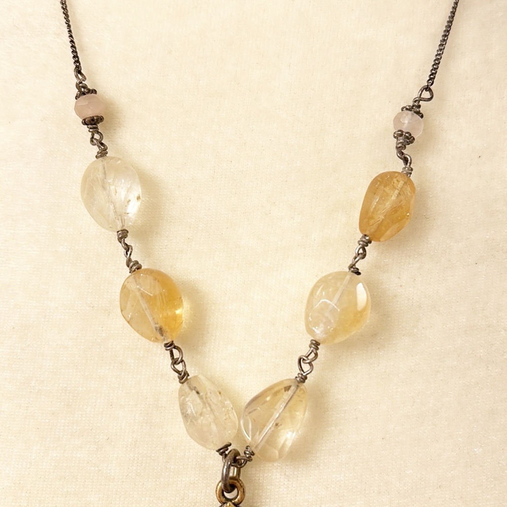 Vintage Lucky Brand Lotus Flower Natural Crystals Stone Medallion Necklace - Picture 5 of 6